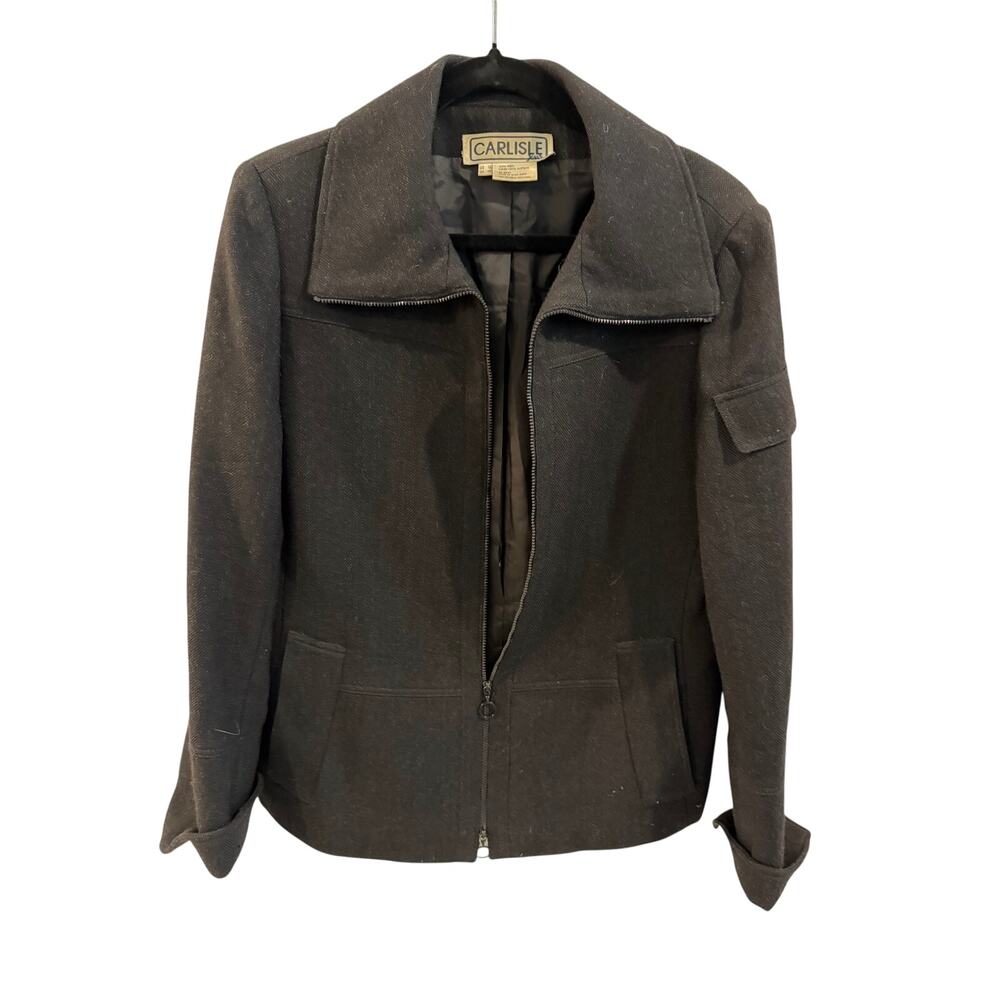 Carlisle Black Wool Zip-Front Jacket with Oversized Collar